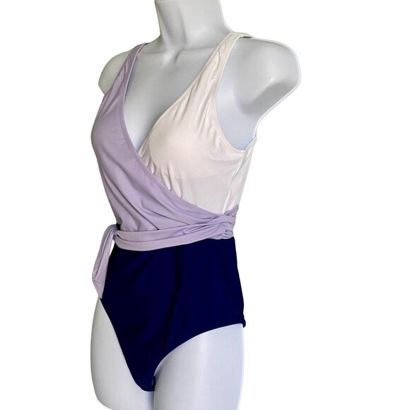 Cupshe One Piece Swimsuit Color Block Tie Side Purple White Size Small NEW NWT - Picture 3 of 11